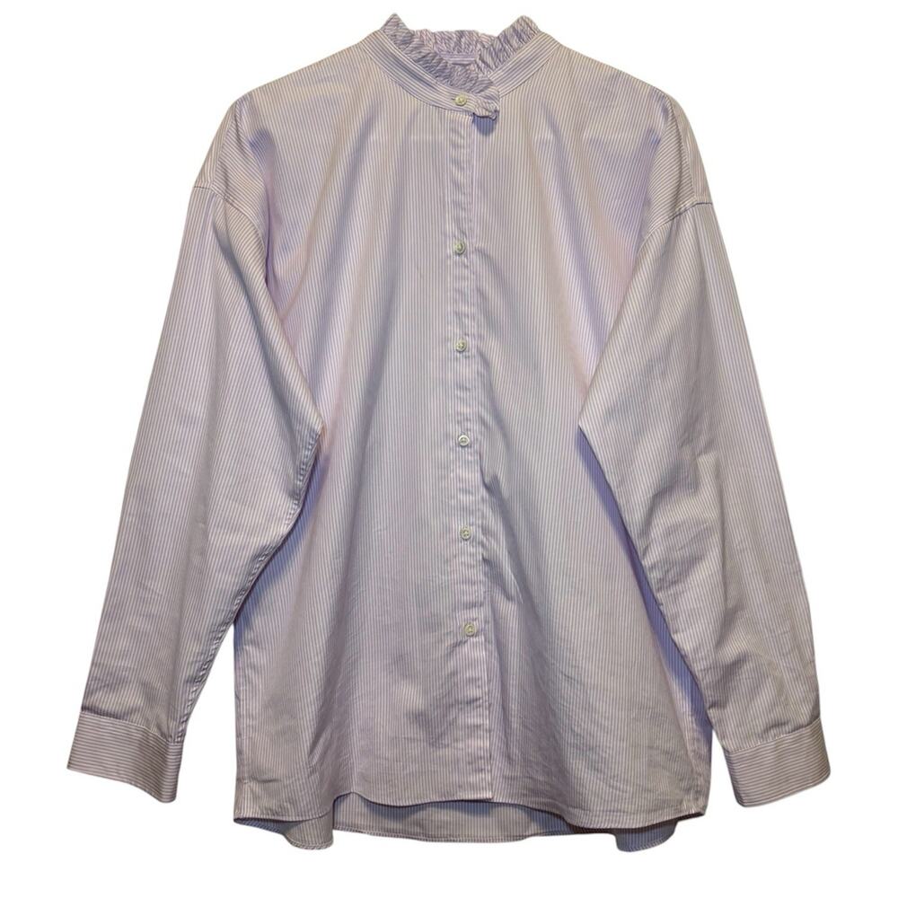 Ann Mashburn Striped Poplin Button Up Womens M Purple White Ruffle Collar Preppy